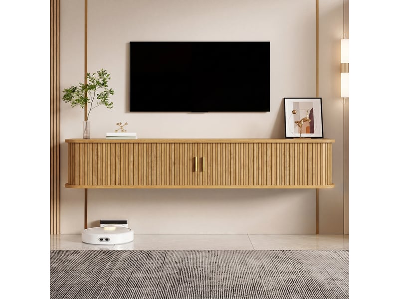 Meuble tv suspendu 175 cm avec led contrôlable par application, portes coulissantes nervurées et bords arrondis, couleur naturelle - Conforama C