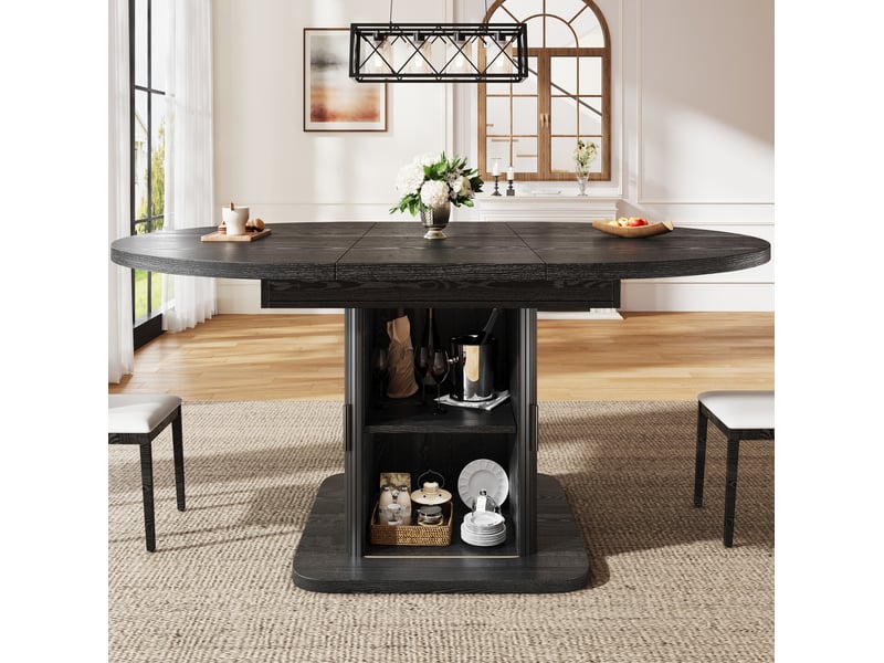  Table à manger ovale extensible 110-149,8 cm avec rangement en mdf, noir mat  - Conforama E