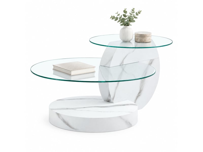  Table basse à deux niveaux en verre de sécurité et mdf blanc effet marbre, 90 x 70 x 44 cm  - Conforama A