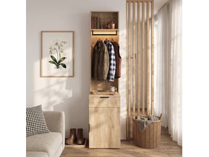 Garde-robe d'entrée 45x47x200 cm avec éclairage led et tiroir à bijoux mdf couleur bois clair