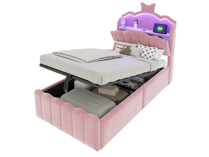  Lit coffre 90x200 cm - lit enfant 90x200 - lit simple en velours avec led rgb, prises usbtype-c &amp; tête rabattable - rose  - Conforama A