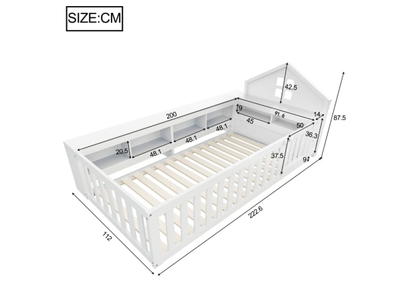  Lit enfant 90x200 cm, lit au sol avec rangements, porte et protection de sécurité, en bois, blanc, sans matelas  - Conforama D