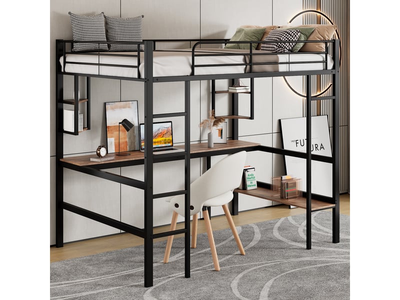  Lit mezzanine simple en métal 90 x 200 cm avec bureau &amp; rangement, noir  - Conforama B