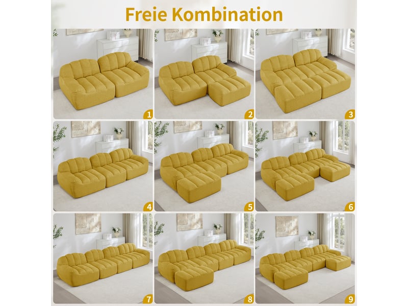 Canapé panoramique coquille 4 places, 2 poufs jaune – 366 x 165 x 79 cm Fay Lum - Conforama W