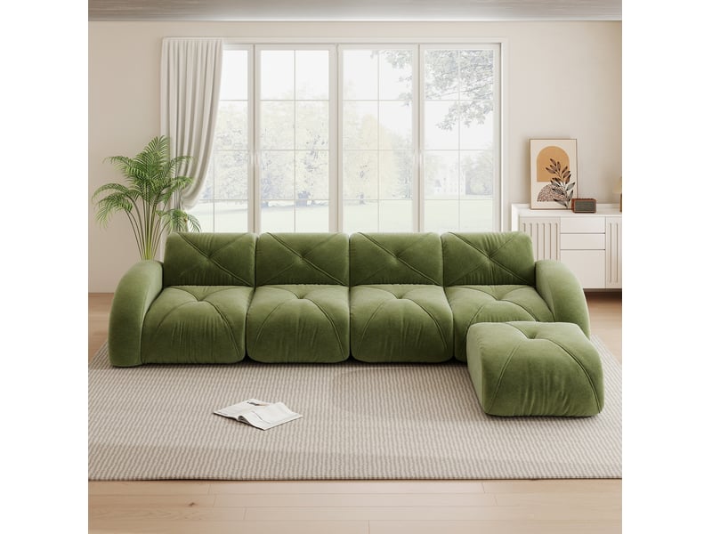  Canapé d'angle modulable ulevr 4 places avec pouf, chenille verte, 358 x 171 x 76 cm, sans montage  - Conforama E