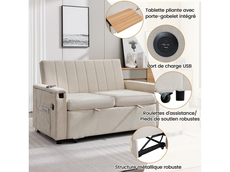  Canapé convertible 2 places 140x84.5x84 cm - canapé-lit extensible - usb et type-c - chenille - gris CozyNest - Conforama E