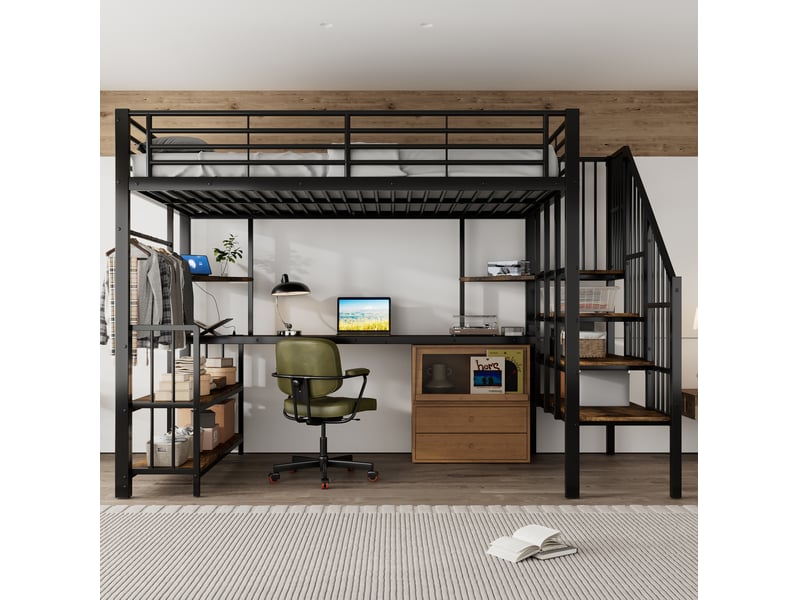  Lit mezzanine 120x200 cm avec port de charge, penderie en métal et bois noir et noyer foncé  - Conforama B