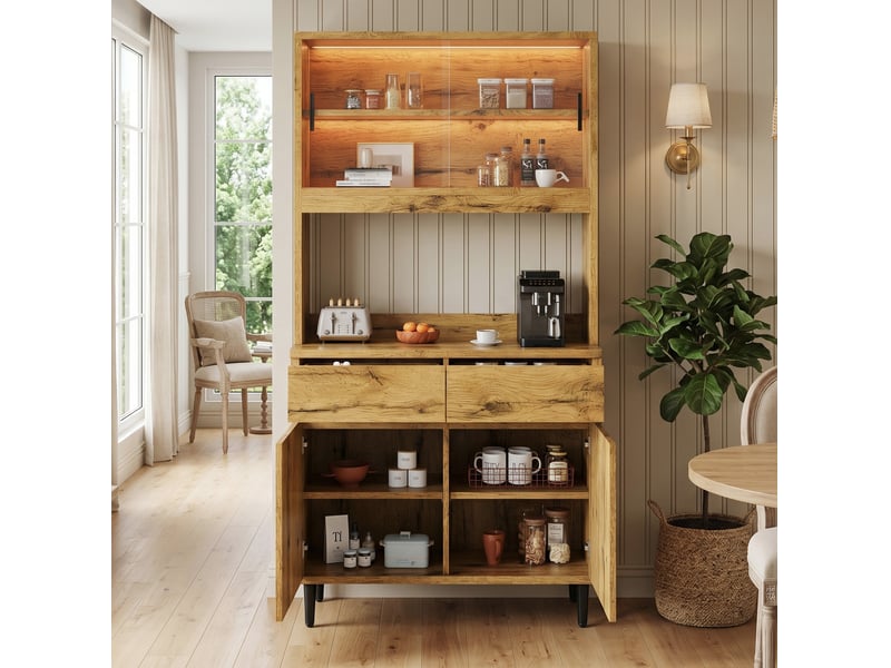  Buffet haut 100 x 40 x 185 cm chêne avec éclairage led et prises intégrées  - Conforama B
