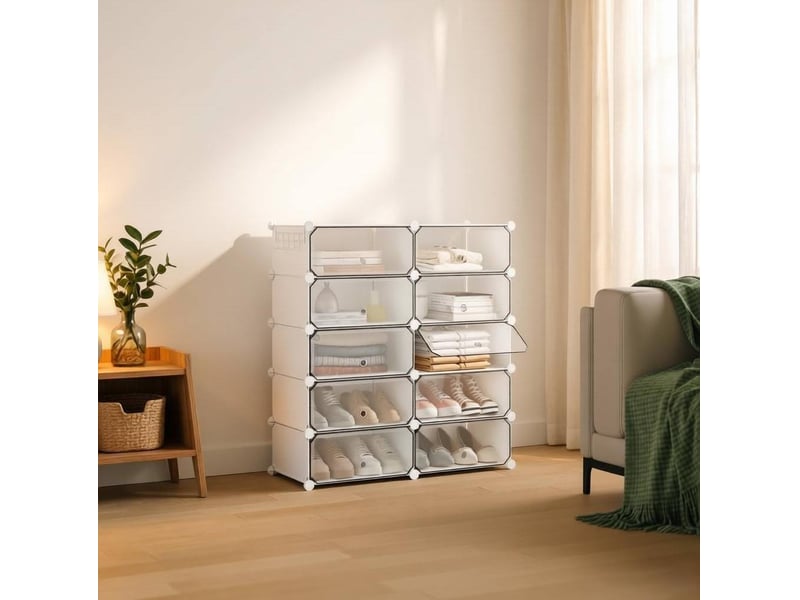  Meuble à chaussures modulable avec 10 compartiments fermés, anti-basculement, pour entrée, blanc, 40 × 30 × 170 cm  - Conforama D