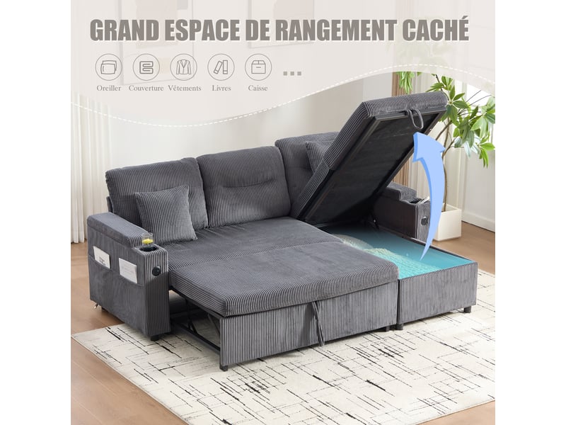 Canapé d'angle convertible 3 places en velours côtelé gris 212,5 x 136 x 86 cm avec coffre, usb-c et porte-gobelets W2845S00510 - Conforama E