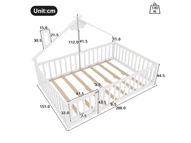  Lit cabane ulevr 140x190 cm avec barrière de sécurité à verrou, structure en pin et mdf, blanc  - Conforama C