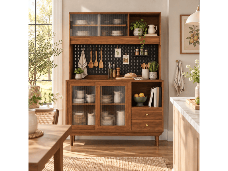  Buffet de cuisine avec portes coulissantes en verre cannelé, tiroirs et étagères ouvertes, panneau perforé, mdf et panneau de particules OMNIGLINT TRADING LTD - Conforama B