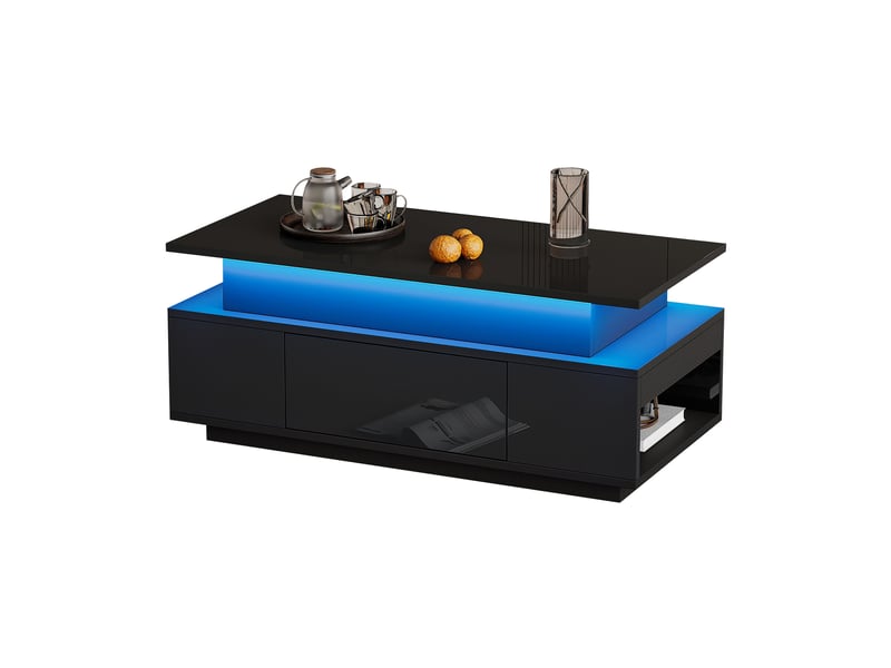  Table basse relevable noire avec led, rangement et tiroir – 96 x 45 x 40 cm  - Conforama A