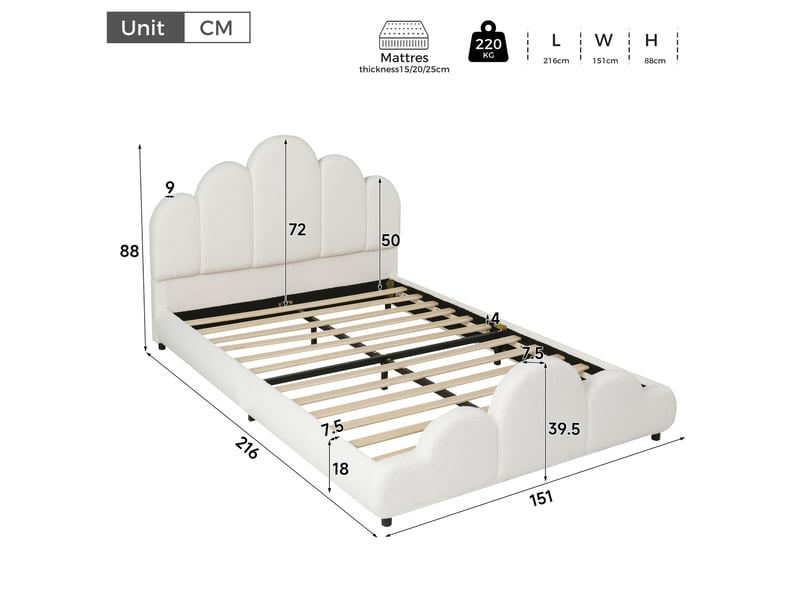  Lit 2 places rembourré 140x200 cm coloris beige tissu  - Conforama C