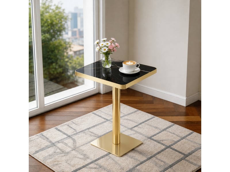  Table à manger carrée, 60x60x74 cm, effet marbre uv, repas, salle à manger, plateau mdf, piètement métal, coloris noir  - Conforama D