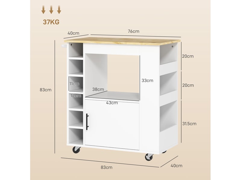  Chariot de cuisine servierwagen avec plateau de travail, étagères, rayons à vin, placard, charnières soft-close, poignée, îlot de cuisine pour bureau, 83x40x83cm, chêne  - Conforama C
