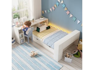 Lit banquette enfant 90 x 200 cm avec 2 tiroirs, bureau intégré, tête de lit avec rangements, éclairage led et usb-c, bois, blanc