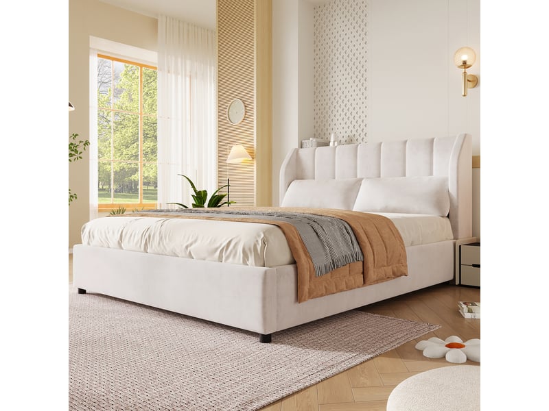 Lit coffre 140x200 cm beige, tissu velours français, tête de lit capitonnée, sommier à lattes inclus, 2 coussins offerts, charge 220 kg - Conforama R
