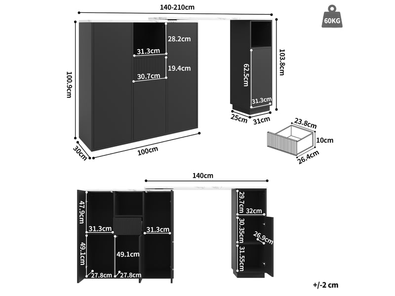  Meuble bar pivotant avec rangements ouverts et fermés, plateau effet marbre, pour cuisine et salon, en mdf noir  - Conforama E