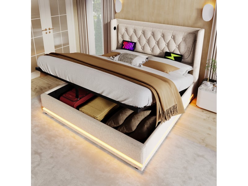  Lit double 160x200 cm avec rangement hydraulique, port usb type-c, led 3 côtés, coton beige, sans matelas  - Conforama B