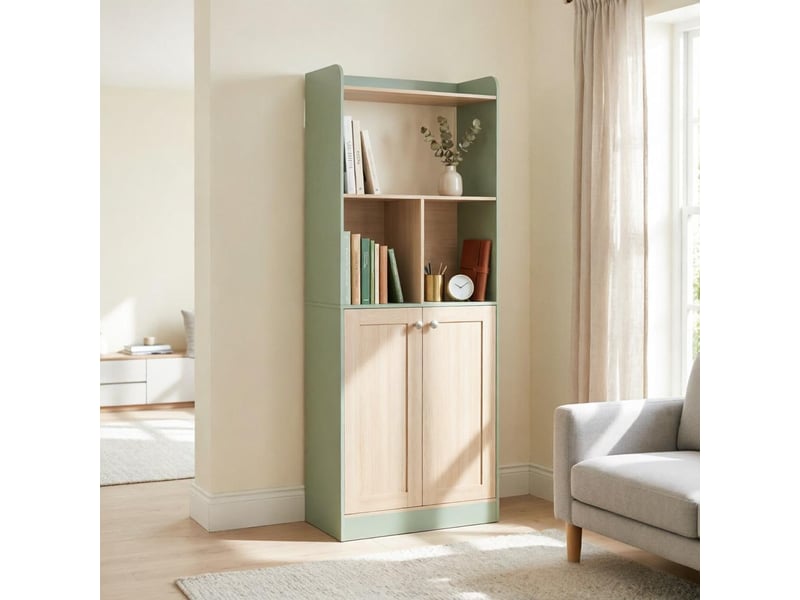  Bibliothèque meuble de rangement haut mdf et panneaux vert et bois 60x30x161.2 cm T5828P546284 - Conforama E