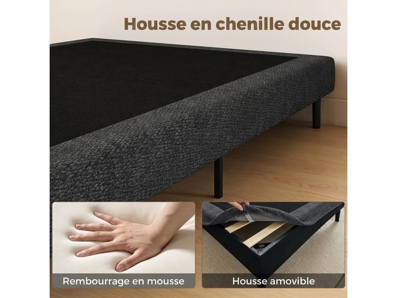  Sommier tapissier 140x190 cm, cadre de lit avec revêtement en chenille, 10 lattes bois, 9 pieds stables, gris  - Conforama E