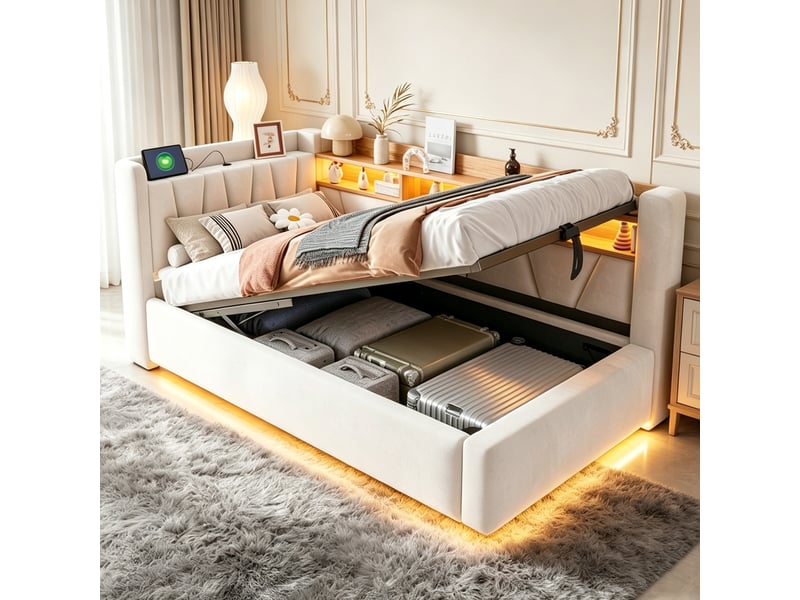 Lit banquette coffre 90x200cm avec levage hydraulique, led, usb, dossier avec rangements, accoudoir et velours beige pour chambre enfant et rangement - Conforama B