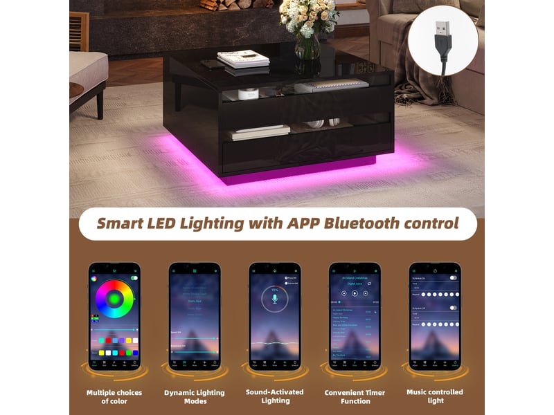 Table basse carrée 70x70x38 cm avec led, relevable, tiroir et rangement dissimulé, aggloméré, noir - Conforama R