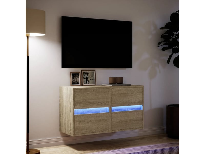 Lot de 2 meuble tv mural avec lumières led chêne sonoma 41x31x45 cm shl43154 - Conforama E