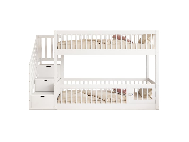  Lit superposé 2 couchages 90 × 200 cm avec escalier à tiroirs et barrières, sans matelas, en bois massif, blanc  - Conforama A