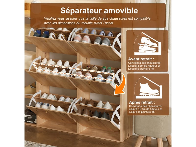  Meuble à chaussures étroit 130x25x180 cm, 6 abattants, 2 portes vitrées, led Fay Lum - Conforama D