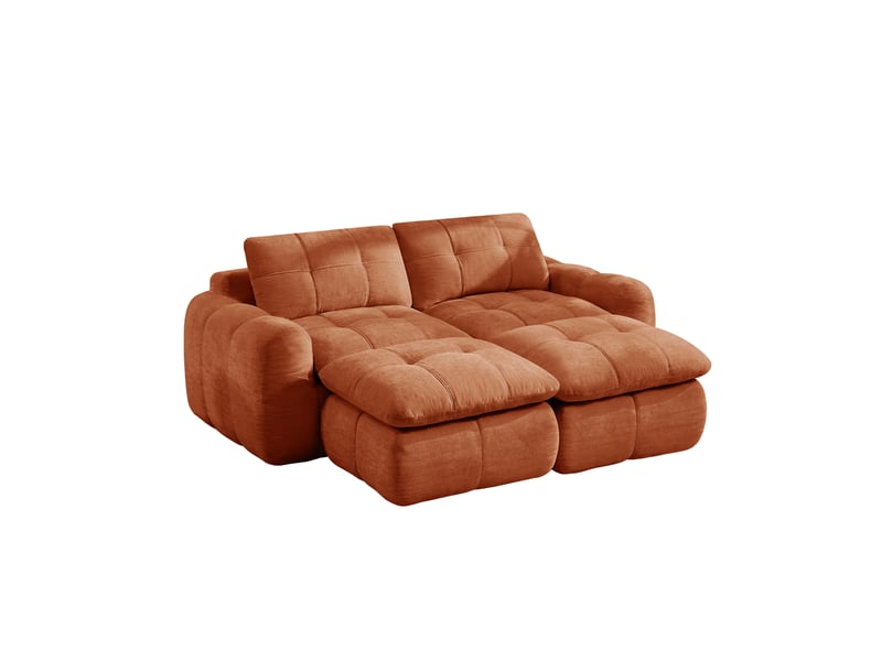 Canapé modulable 2 places orange en chenille, assise large et profonde, avec deux poufs, style capitonné pour salon - Conforama C