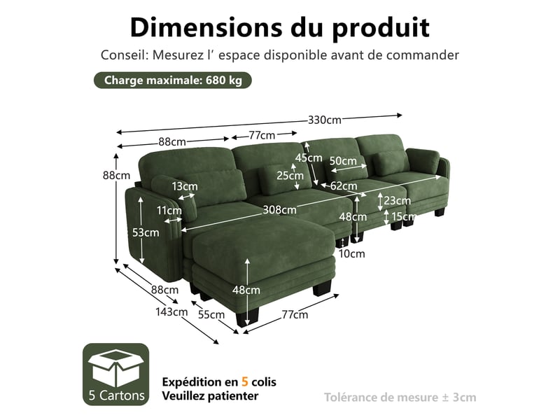 Canapé d’angle modulable 330 cm 4 places avec pouf, coussins d’accoudoir amovibles, coussins lombaires épais à soutien renforcé, chenille, vert - Conforama D