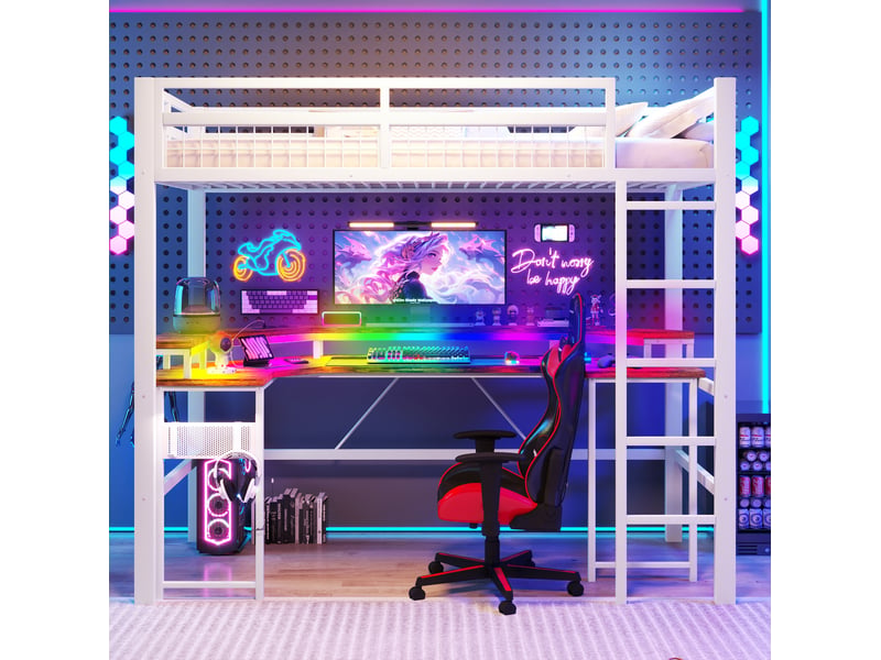 Lit mezzanine 90x200 cm avec bureau et led multicolore en métal et mdf blanc - Conforama B