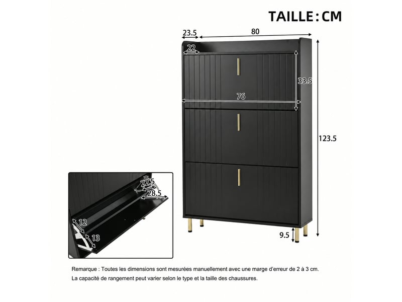 Meuble à chaussures étroit 3 abattants, 6 compartiments, 80 x 23,5 x 123,5 cm, noir mat - Conforama E