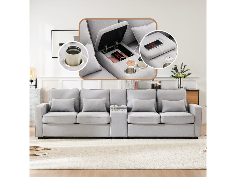 Canapé en lin moderne avec console centrale, porte-gobelets, ports usb, poches de rangement et 4 coussins-gris clair - Conforama B