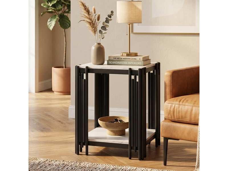 Table de chevet,43x40x54,7 cm,2 niveaux,mdf et métal,effet marbre blanc et noir - Conforama B