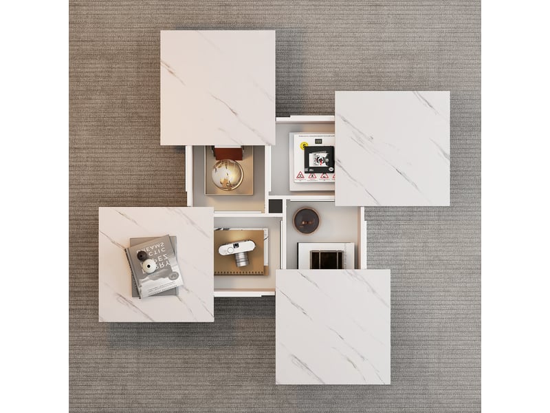  Table basse carrée moderne avec 4 tiroirs et plateau coulissant, effet marbre, pour salon, 90 × 90 × 25 cm  - Conforama C