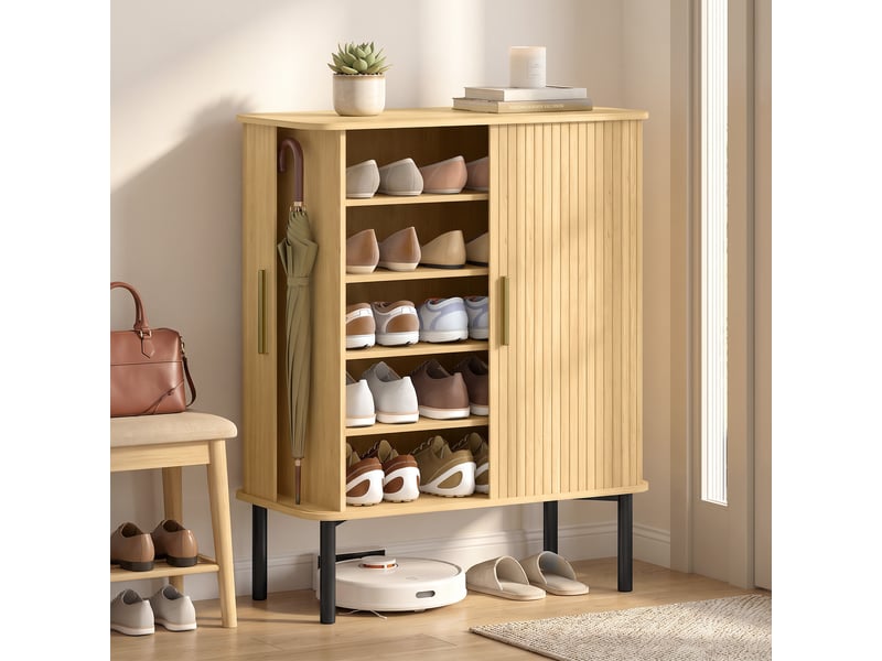  Meuble à chaussures à 5 étagères pour 15 paires de chaussures, portes coulissantes, étagères réglables, 78 x 38 x 95,2 cm, chêne  - Conforama D