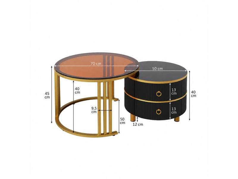 Ensemble de deux tables basses rondes avec 2 tiroirs, 70 x 70 x 45 et 50 x 50 x 40 cm, noir et doré - Conforama C