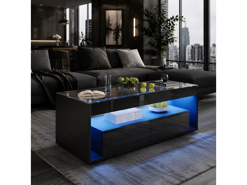  Table basse rectangulaire led noire avec 2 tiroirs - 100 x 50 x 40 cm  - Conforama B