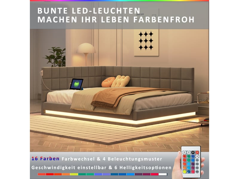  Lit capitonné et canapé-lit 140x200 cm en lin gris avec led, usb et sommier, sans matelas  - Conforama C