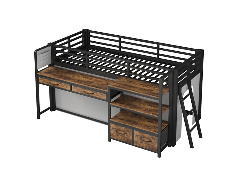  Lit mezzanine enfant 90 x 200 cm noir, métal et mdf avec bureau, étagères, tiroirs en tissu et led  - Conforama D
