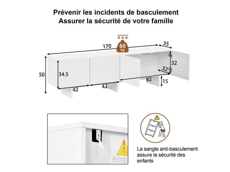 Meuble tv 170x35x50 cm - meuble bas avec 4 portes, façades en relief à motif géométrique arqué, séparation centrale et rangements - blanc  - Conforama C