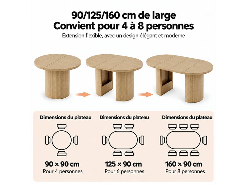 Table à manger extensible 4 à 8 personnes, couleur chêne, 90 à 160 cm - Conforama E