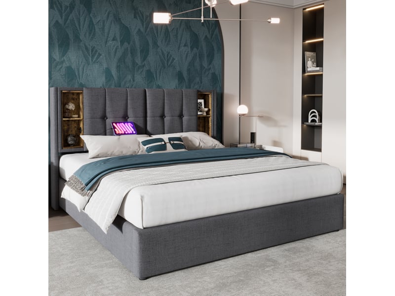  Lit coffre 160x200 avec recharge sans fil, usb-c et rangement gris evryae  - Conforama B
