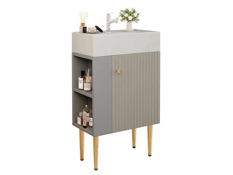  Meuble sous-vasque 55 cm avec vasque en céramique, petit meuble salle de bain sur pied, gris clair  - Conforama A