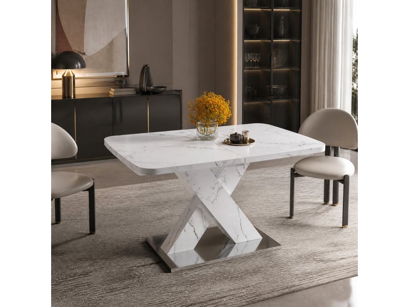  Table à manger rectangulaire extensible, 120-160x80x76,5 cm, pour cuisine, plateau mdf, piètement métal, coloris blanc  - Conforama B