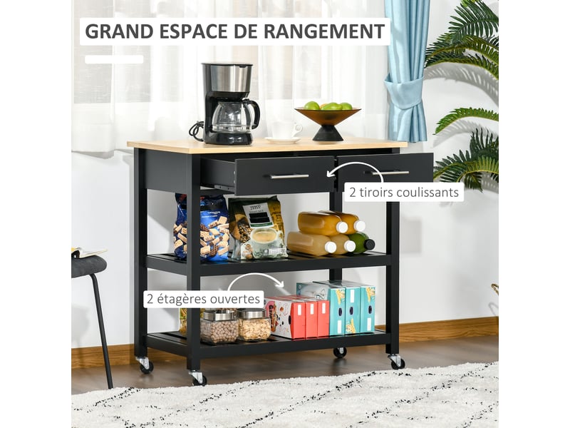  Chariot de service desserte de cuisine à roulettes 2 étagères 2 tiroirs bois noir naturel  - Conforama A