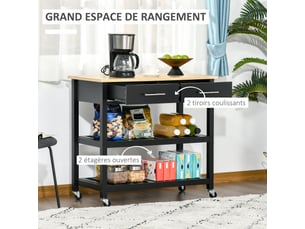 Chariot de service desserte de cuisine à roulettes 2 étagères 2 tiroirs bois noir naturel